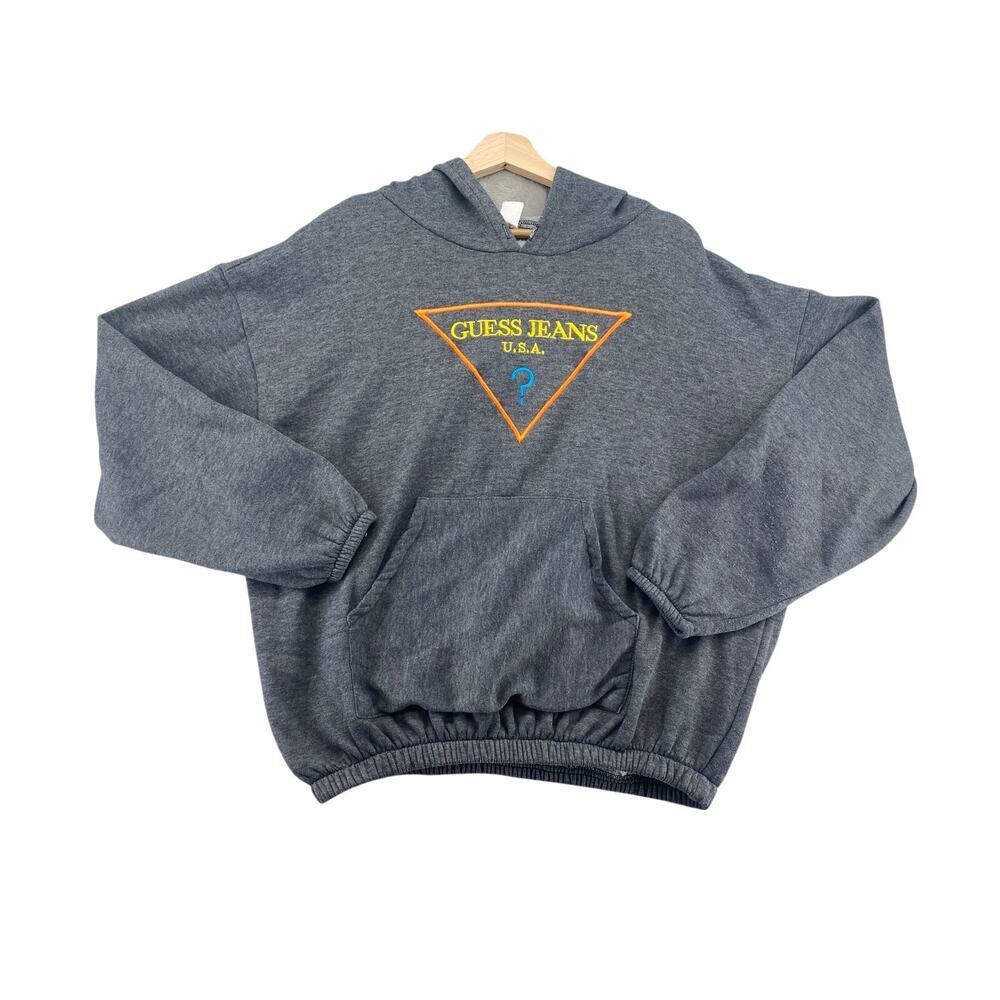 Vintage 90s Guess Jeans USA Embroidered Logo Hoodie Sweatshirt Gray Made USA